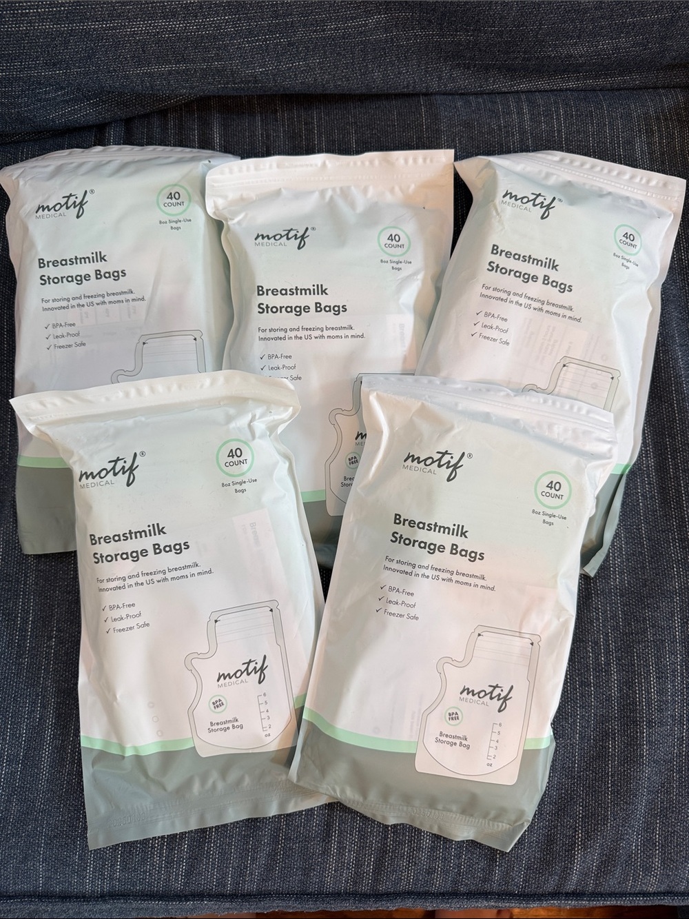 Lot of five bags of Motif Medical Breastfeeding Storage Bags 200 ct. breastmilk